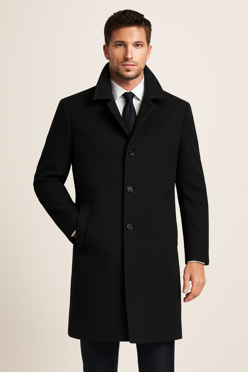 Men's Black Overcoat in black, mid-length wool-look coat, front view on a model