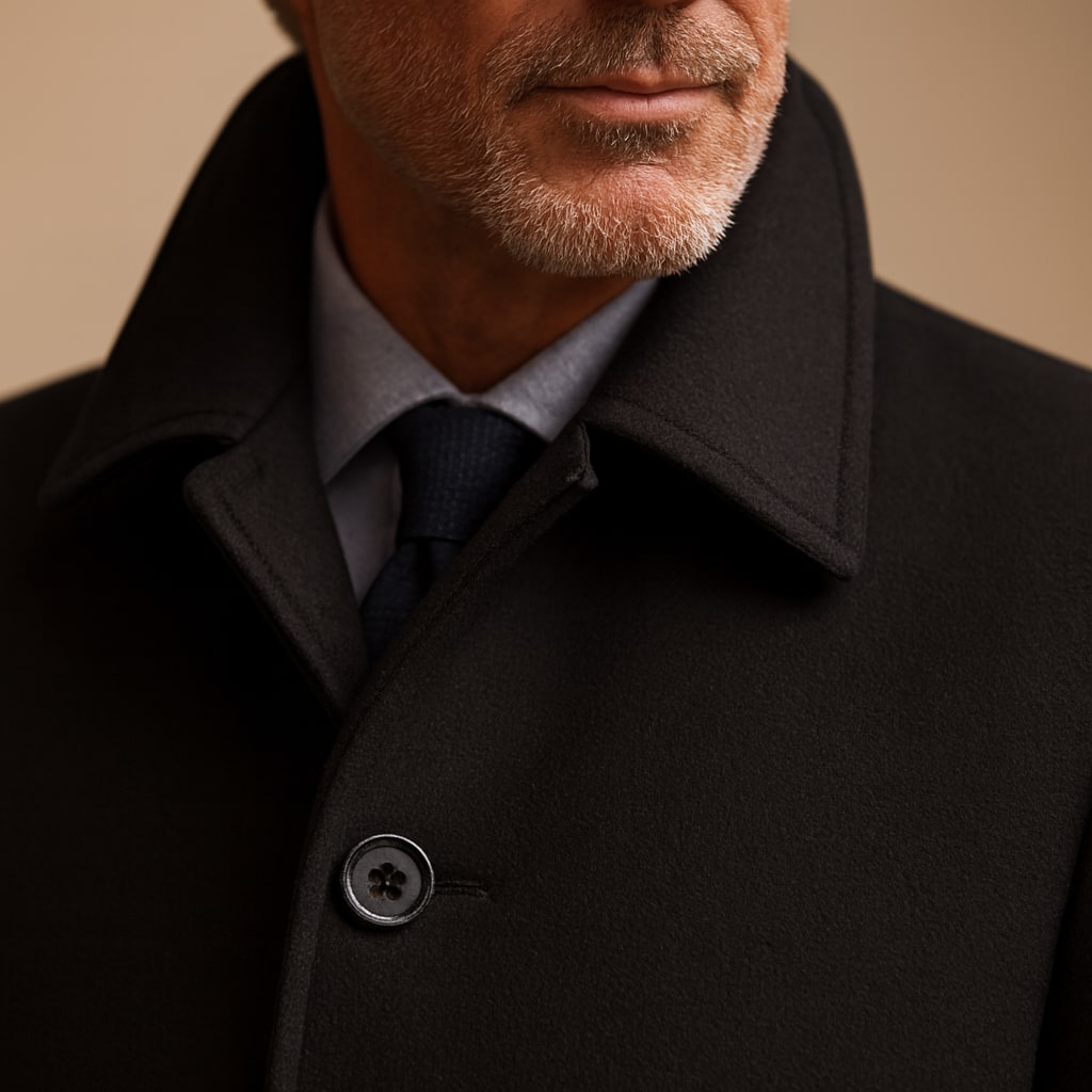 Close-up of the men's black overcoat showing the collar and buttons