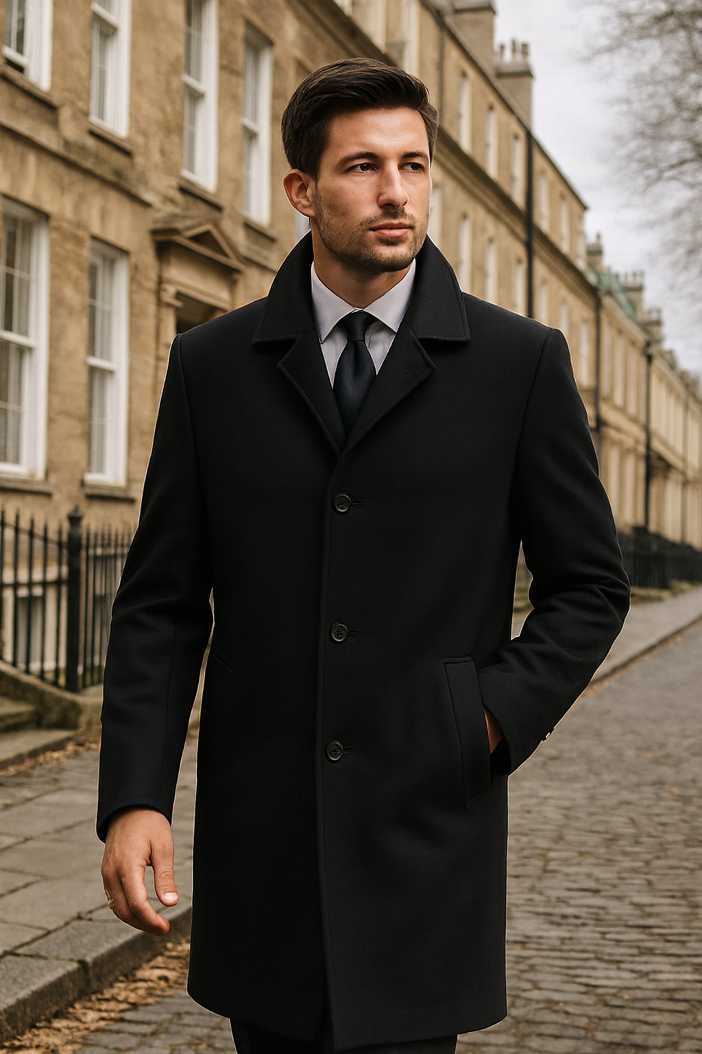 Man wearing the men's black overcoat on an autumn street