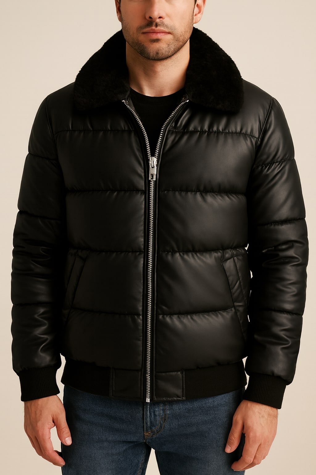 Men's Black Puffer Jacket in black, faux fur collar, front view on a model