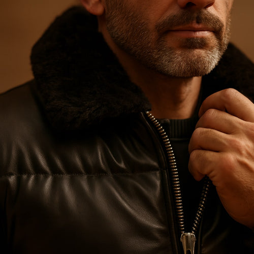 Close-up of the men's black puffer jacket showing the faux fur collar