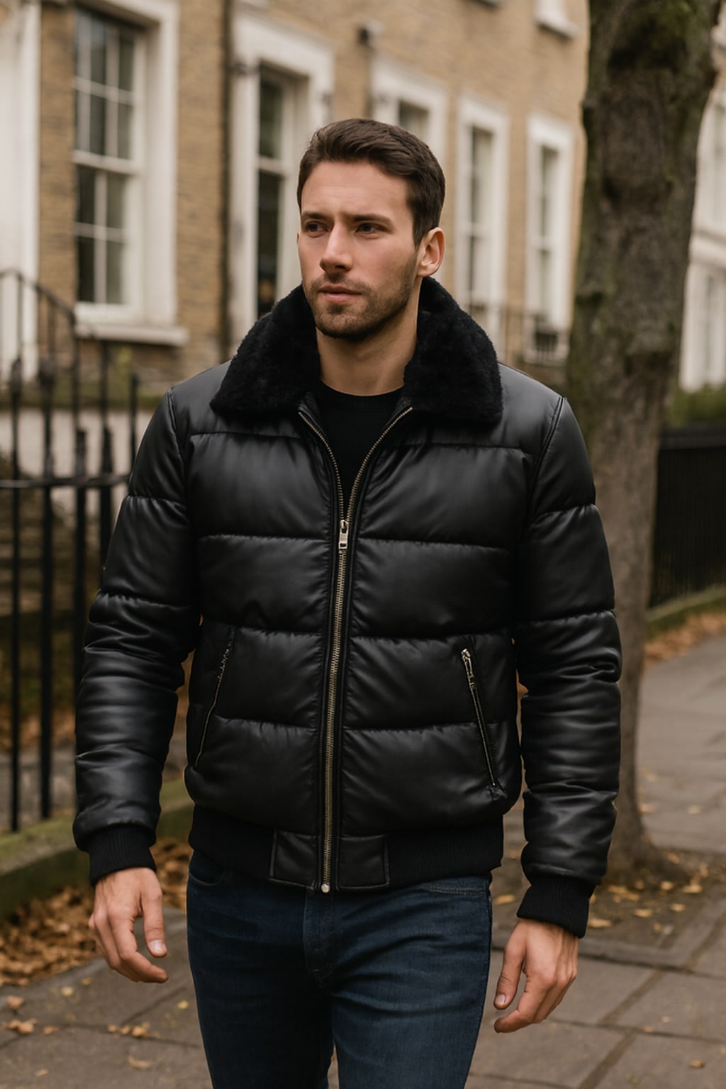 Man wearing the men's black puffer jacket on an autumn street