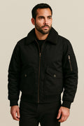 Men's Bomber Jacket in black, fleece-lined zip-up, front view on a model