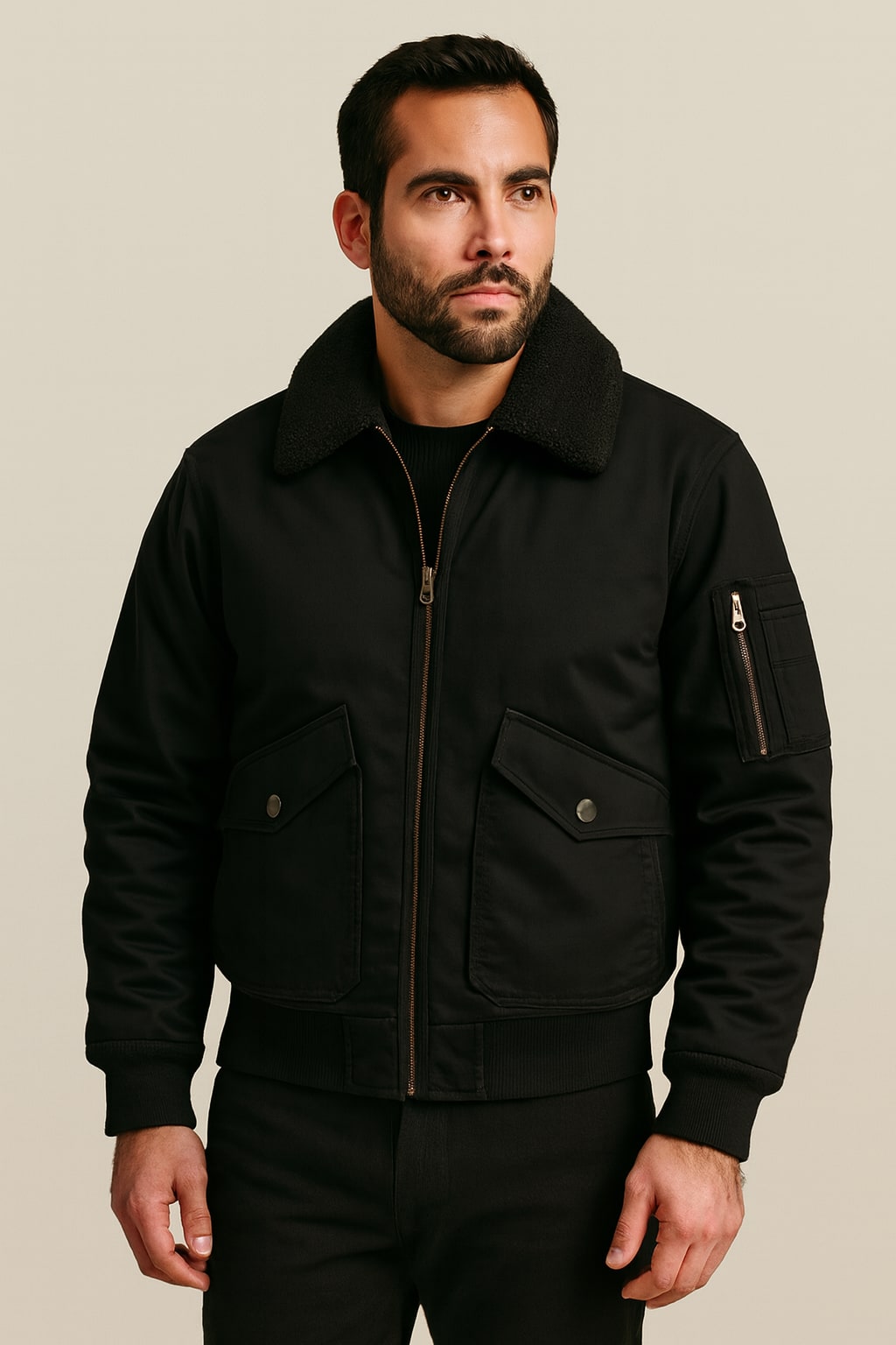 Men's Bomber Jacket in black, fleece-lined zip-up, front view on a model