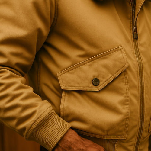 Close-up of the men's bomber jacket showing the sherpa collar