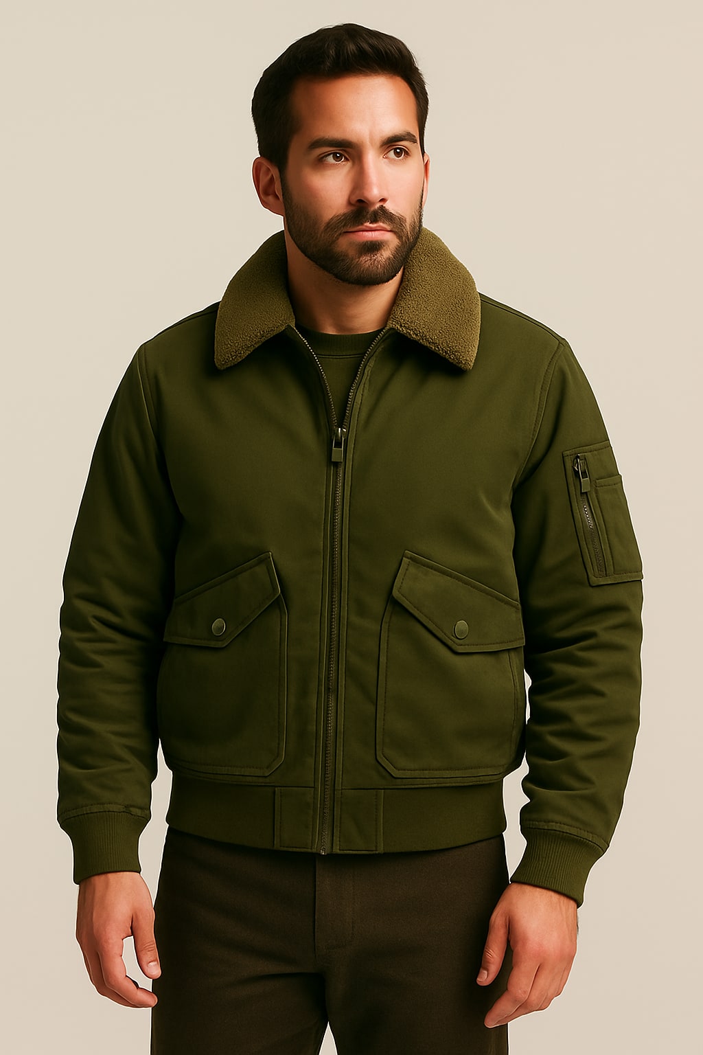 Men's Bomber Jacket in green, fleece-lined zip-up, front view on a model