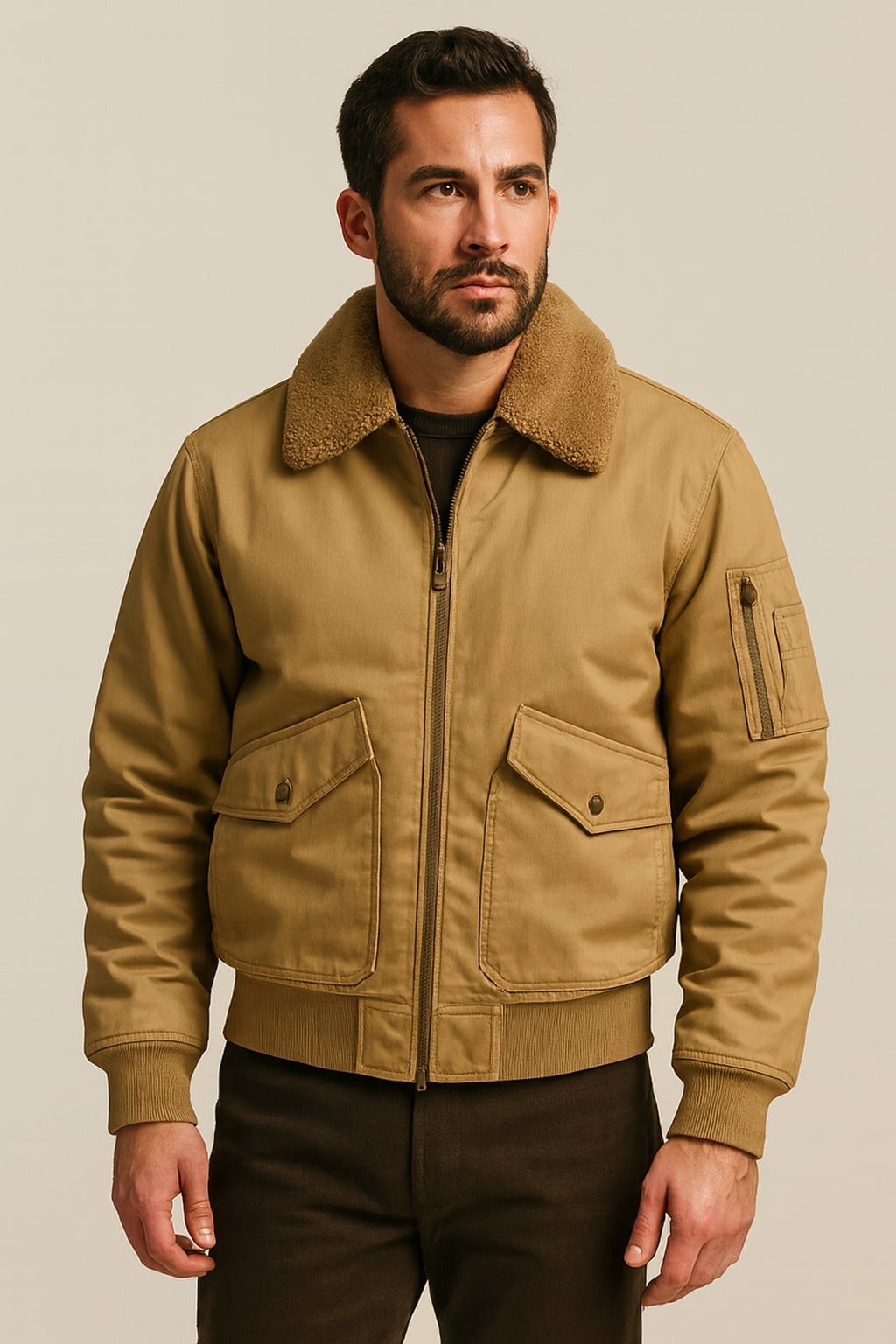 Men's Bomber Jacket in khaki, fleece-lined zip-up, front view on a model