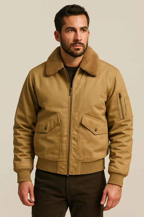 Men's Bomber Jacket in khaki, fleece-lined zip-up, front view on a model