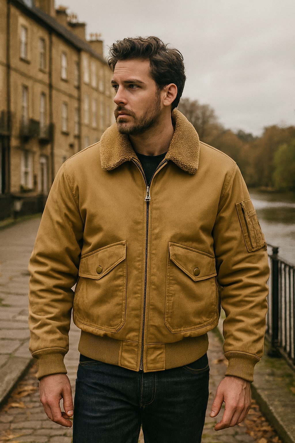 Man wearing the men's bomber jacket on an autumn street