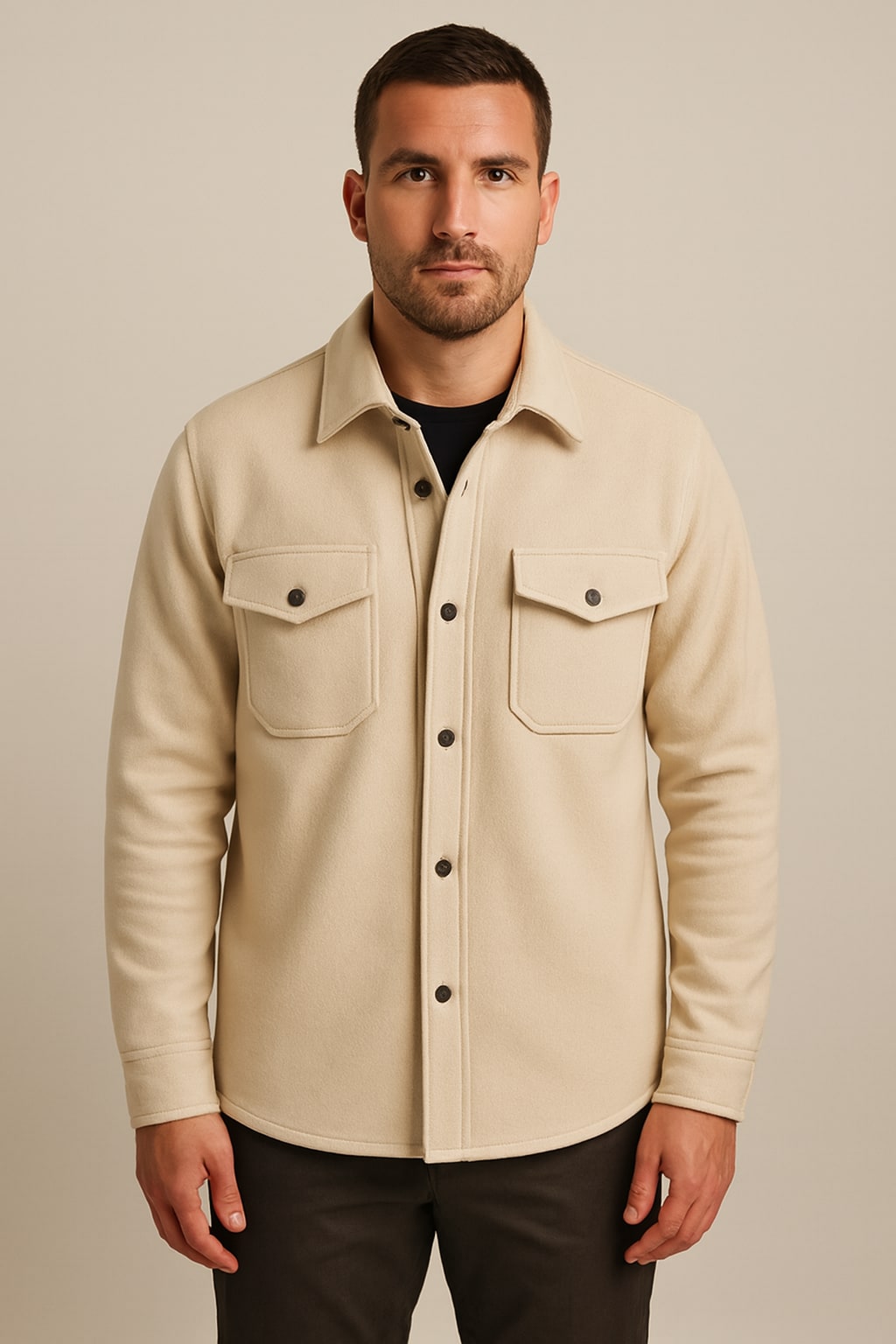 Men's Brushed Overshirt in apricot, button-up shacket, front view on a model