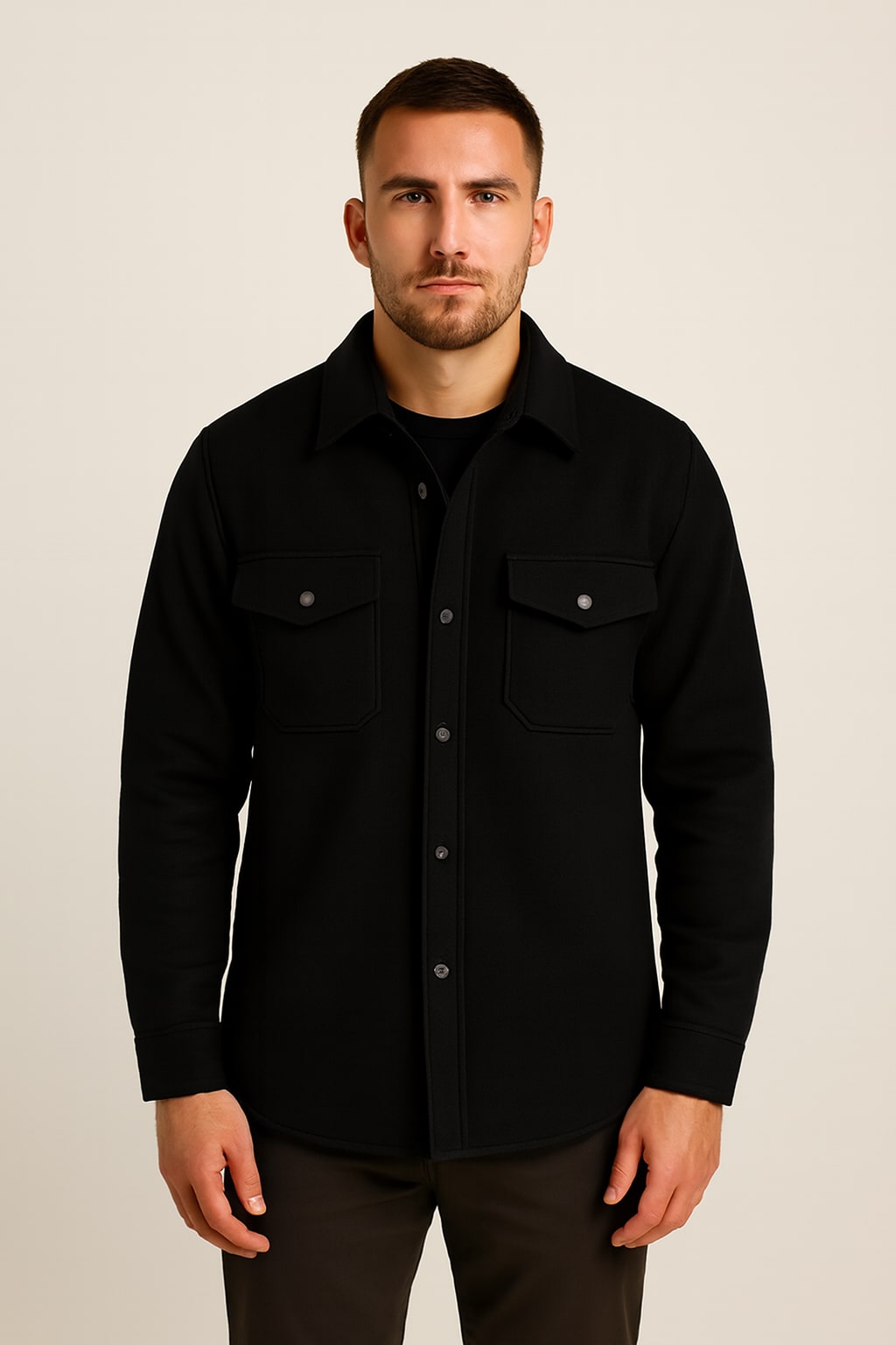 Men's Brushed Overshirt in black, button-up shacket, front view on a model