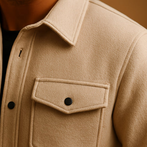 Close-up of the men's brushed overshirt showing the brushed texture and pocket