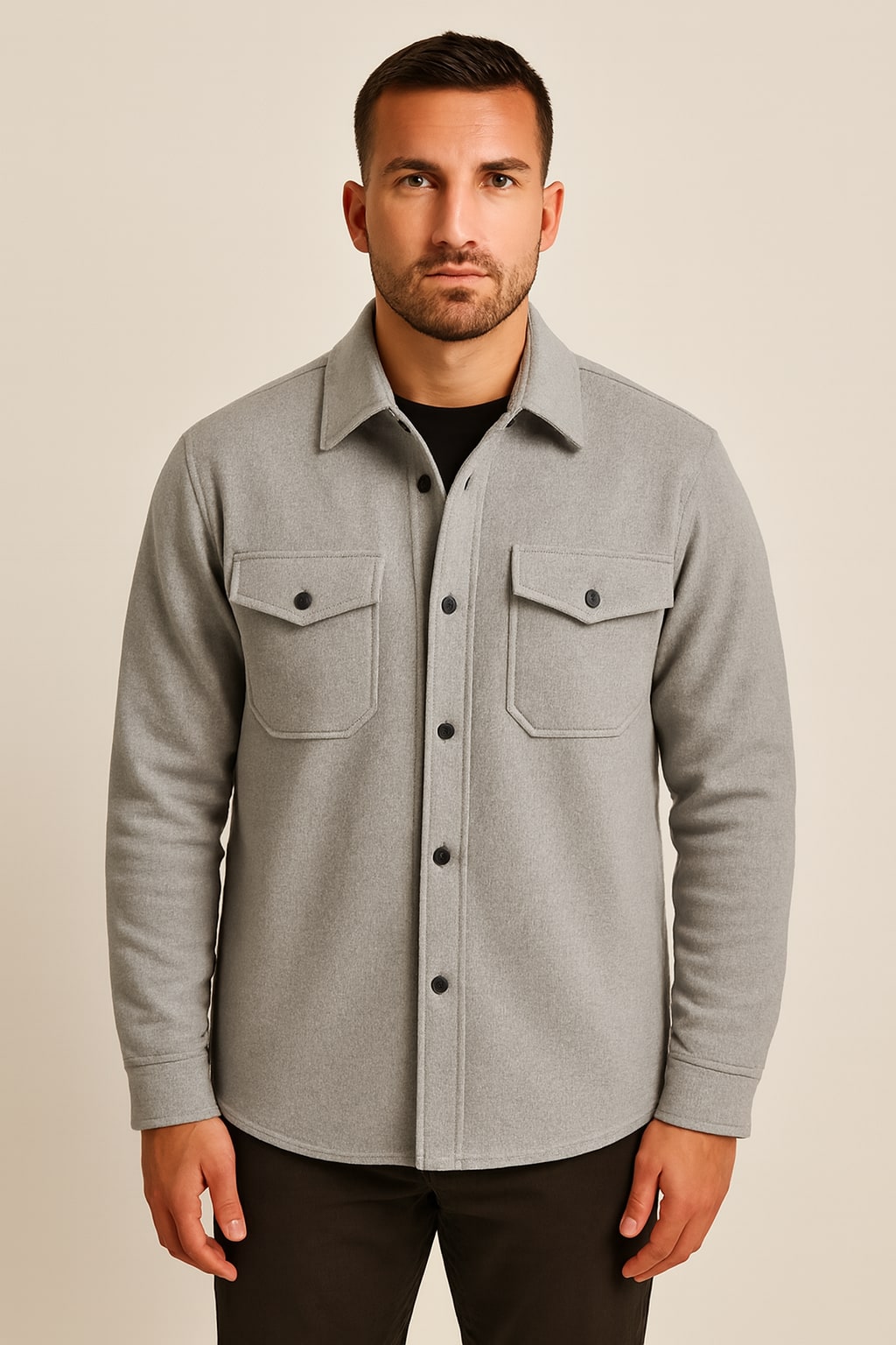 Men's Brushed Overshirt in grey, button-up shacket, front view on a model
