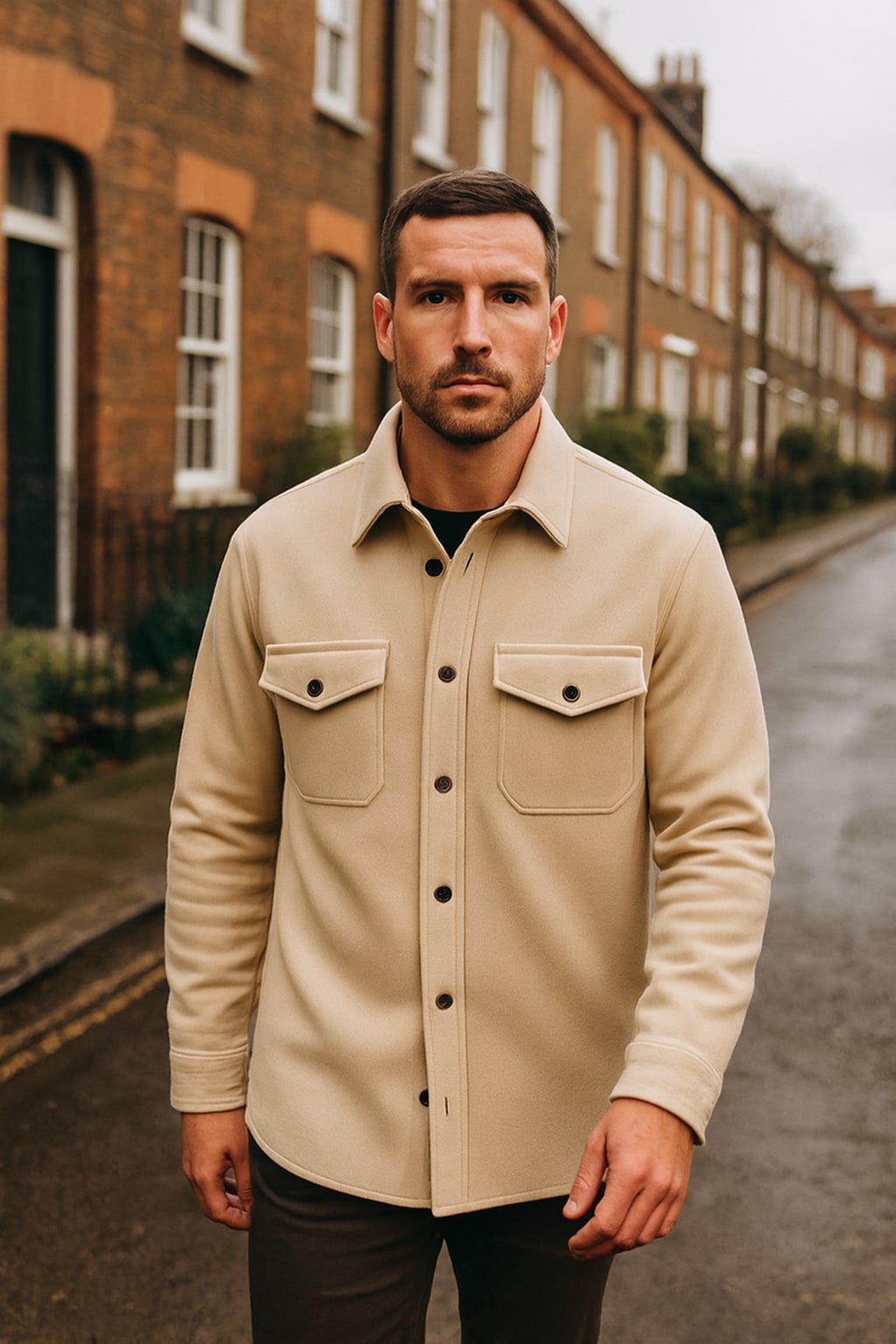 Man wearing the men's brushed overshirt on an autumn street