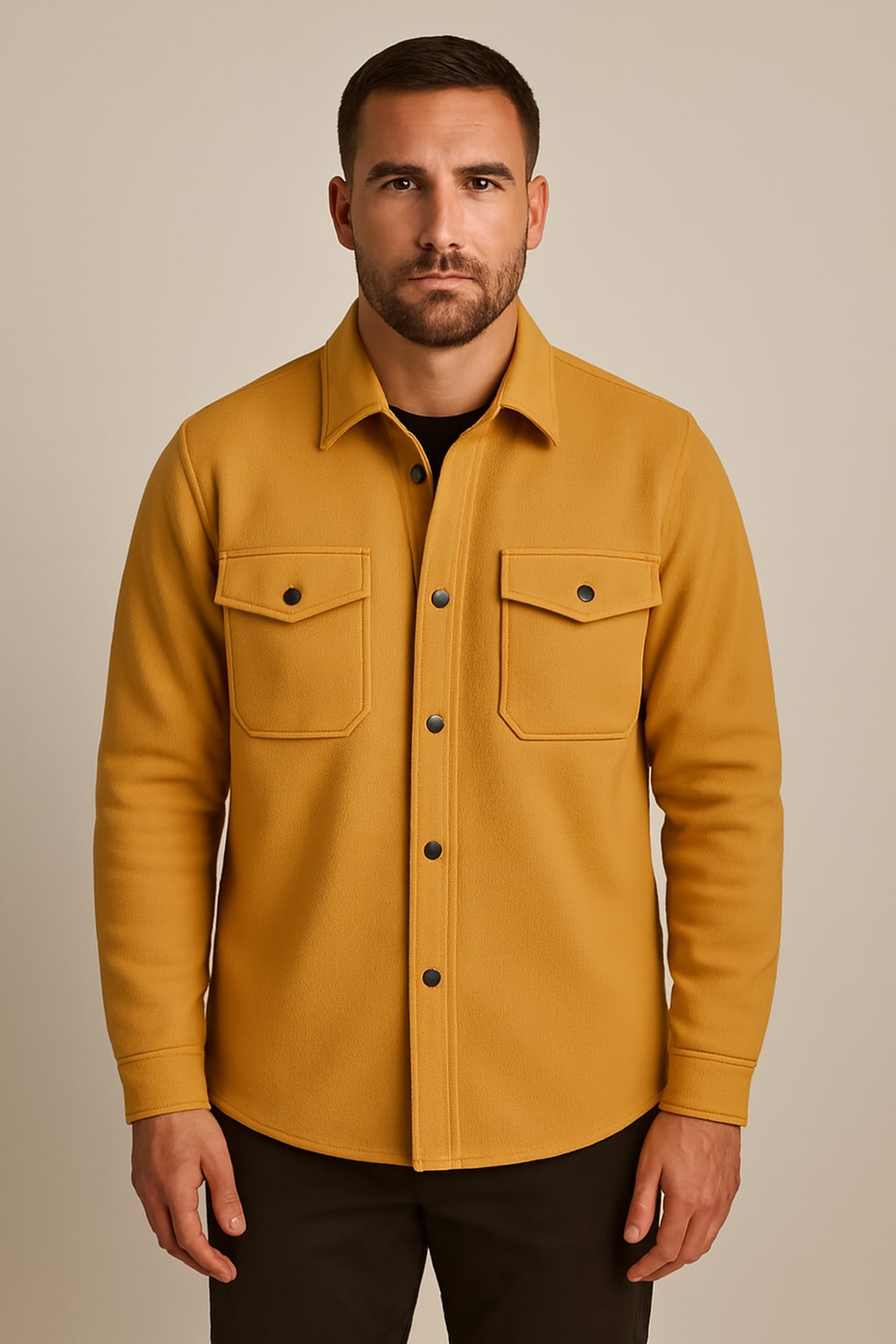Men's Brushed Overshirt in yellow, button-up shacket, front view on a model