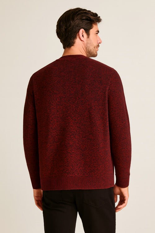 Back view of the men's button up cardigan in red on a model