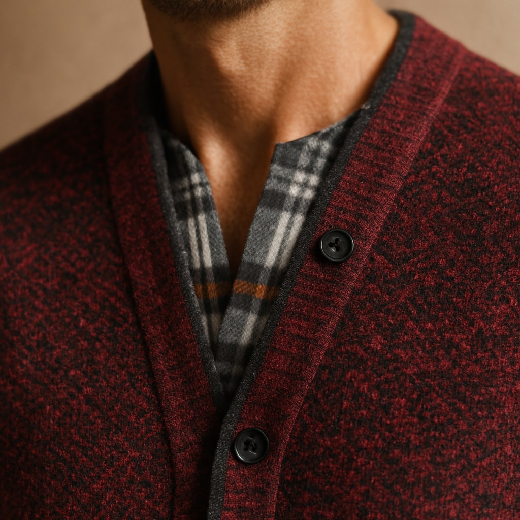 Close-up of the men's button up cardigan showing the check lining at the placket