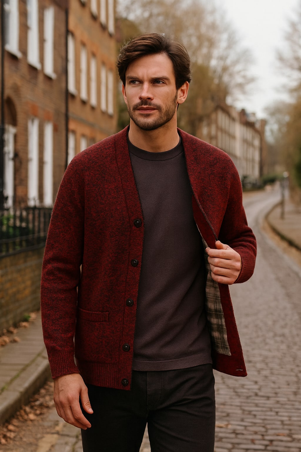 Man wearing the men's button up cardigan on an autumn street