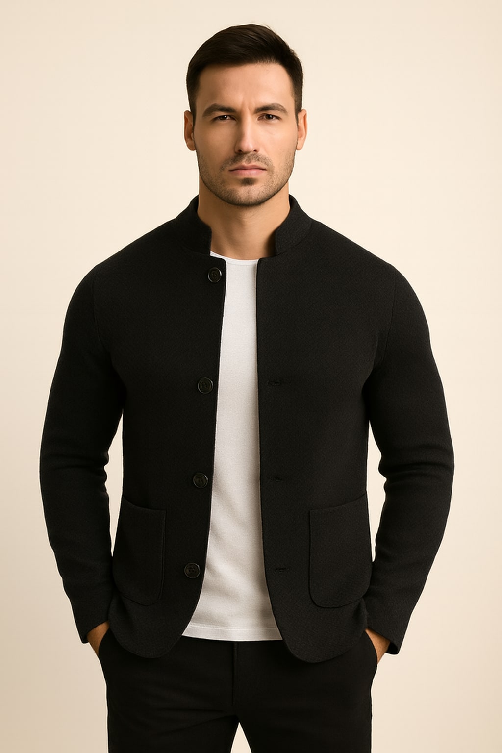 Men's Button Up Cardigan in black, textured wool-look knit, front view on a model