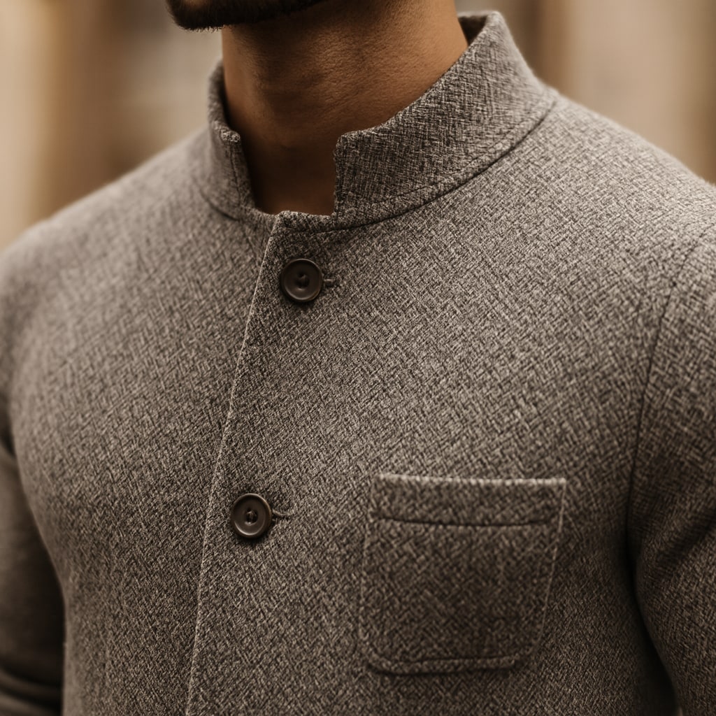 Close-up of the men's button up cardigan showing the textured weave