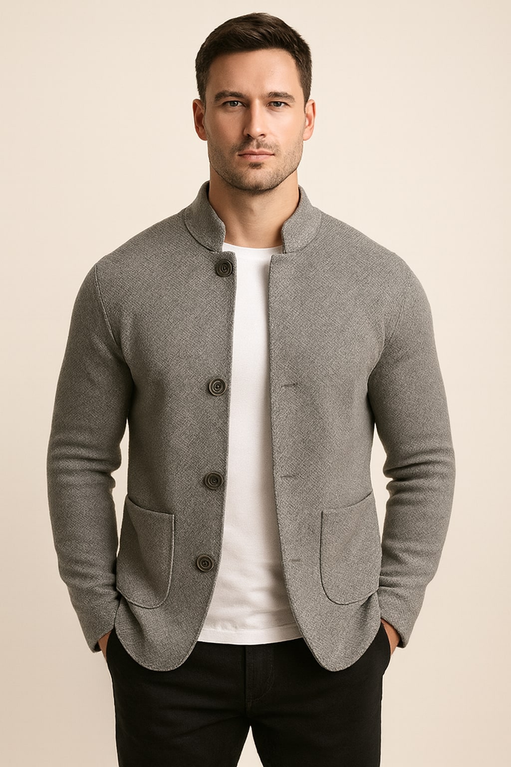 Men's Button Up Cardigan in grey, textured wool-look knit, front view on a model