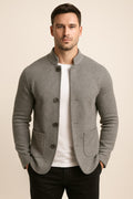 Men's Button Up Cardigan in grey, textured wool-look knit, front view on a model