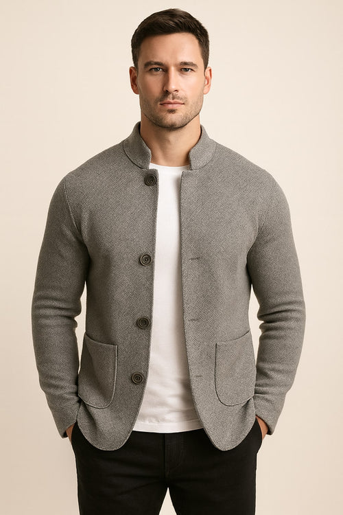 Men's Button Up Cardigan in grey, textured wool-look knit, front view on a model