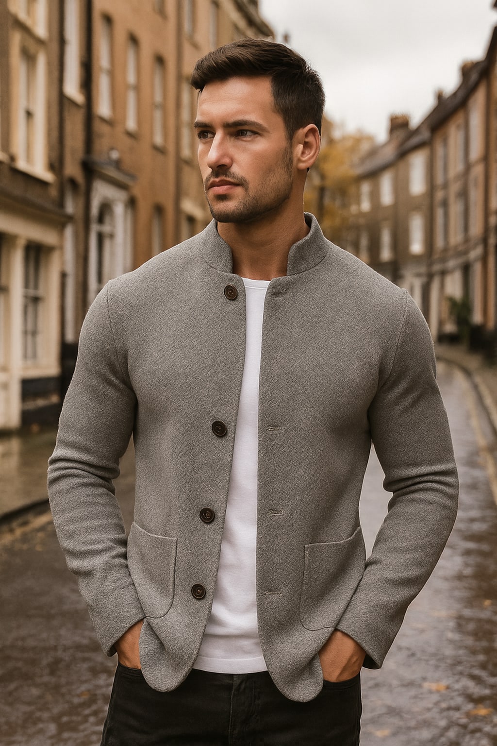 Man wearing the men's button up cardigan on an autumn street