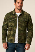 Men's Camo Jacket in army green, canvas lapel workwear jacket, front view on a model