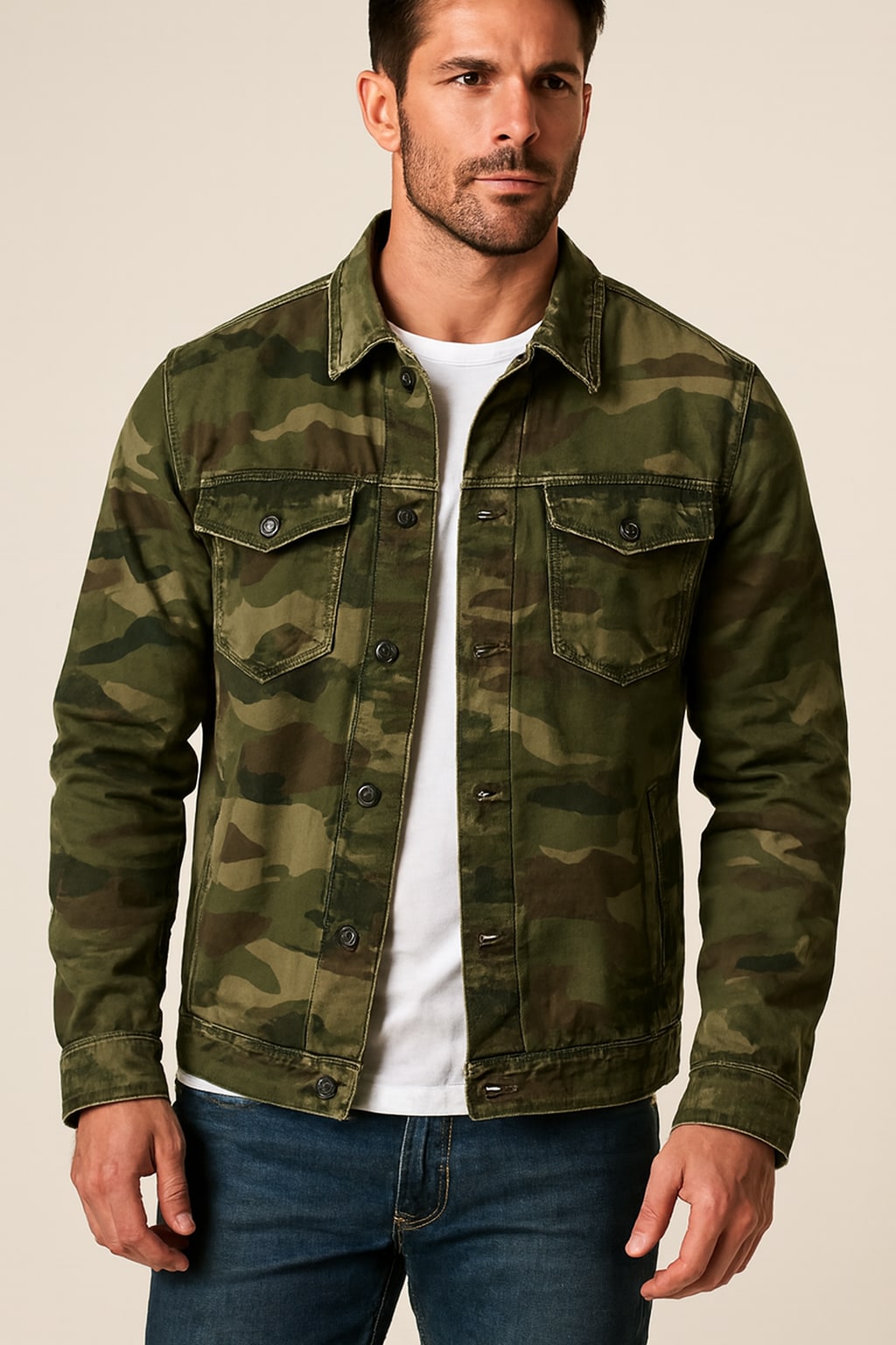 Men's Camo Jacket in army green, canvas lapel workwear jacket, front view on a model