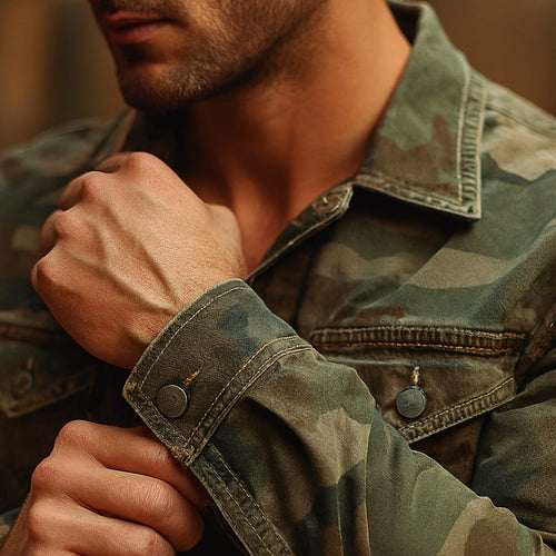 Close-up of the men's camo jacket showing the camo print and pocket flap
