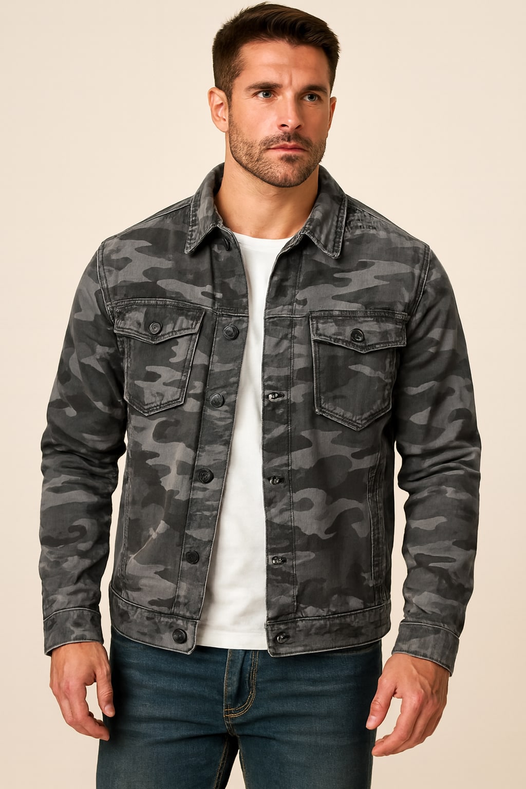 Men's Camo Jacket in grey, canvas lapel workwear jacket, front view on a model