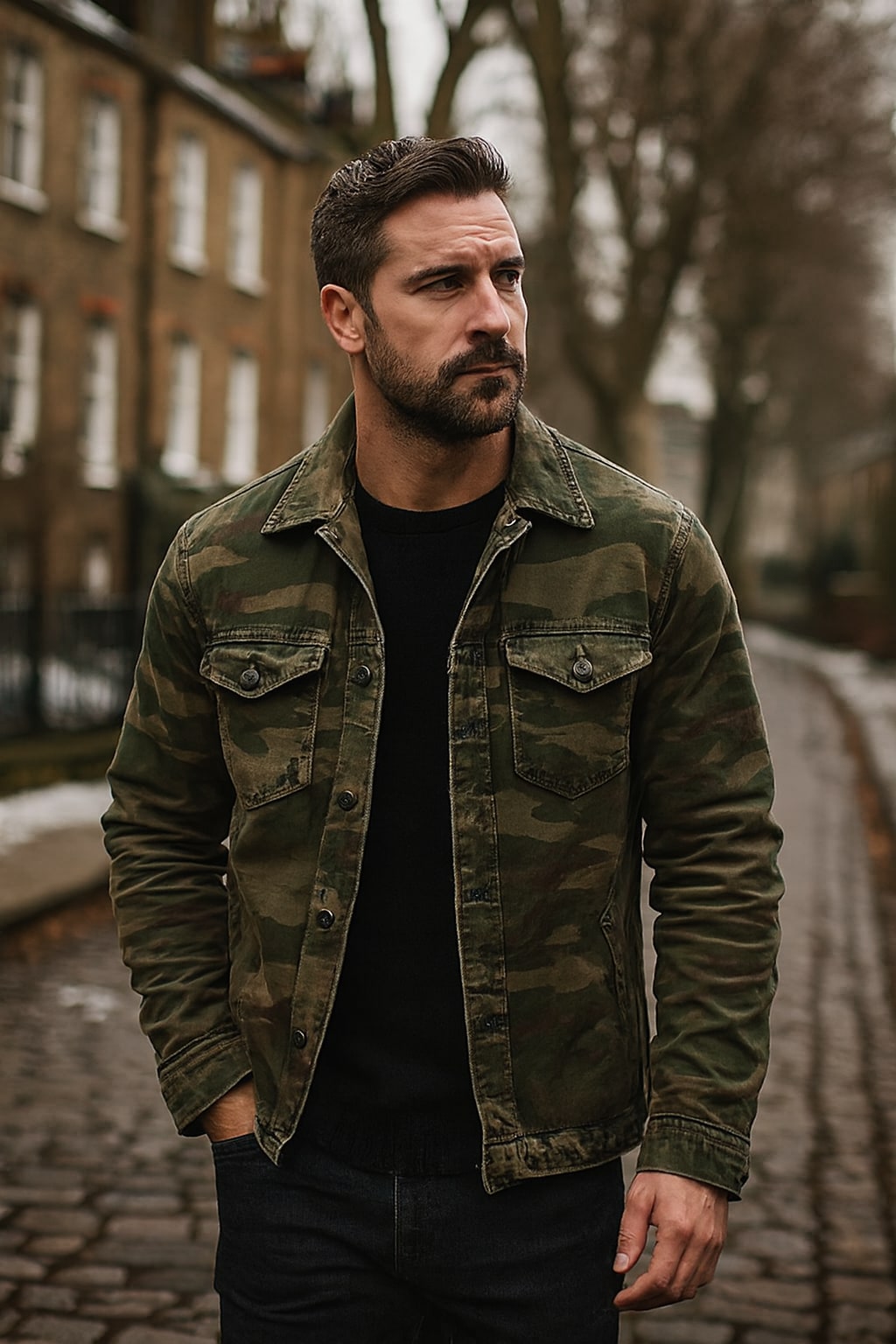 Man wearing the men's camo jacket on an autumn street