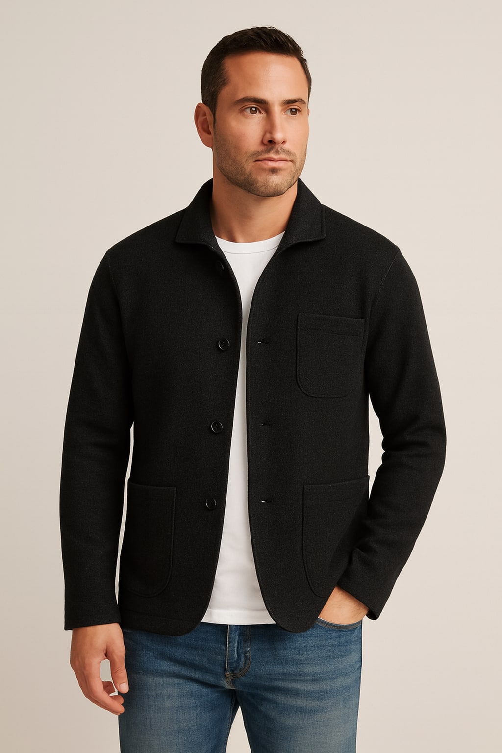Men's Cardigan with Pockets in black, stand collar knit, front view on a model