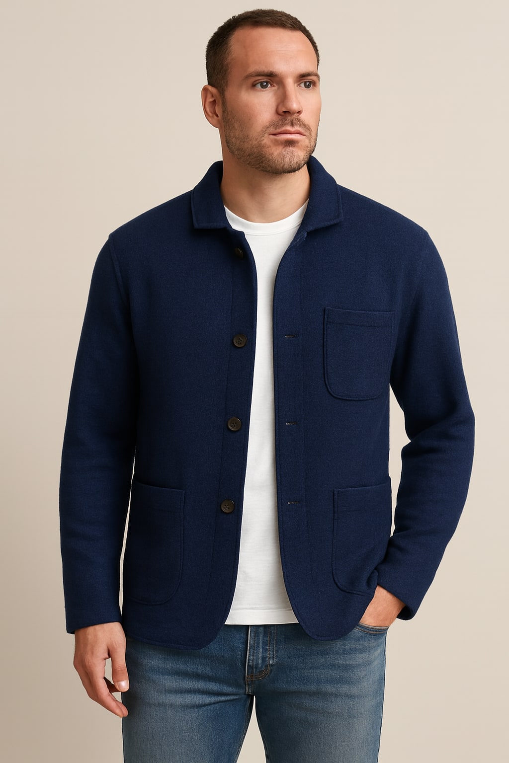 Men's Cardigan with Pockets in blue, stand collar knit, front view on a model