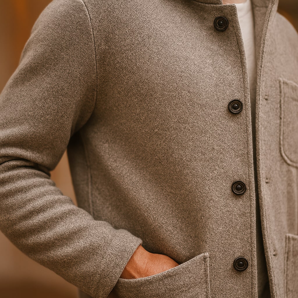 Close-up of the men's cardigan with pockets showing the pockets and buttons