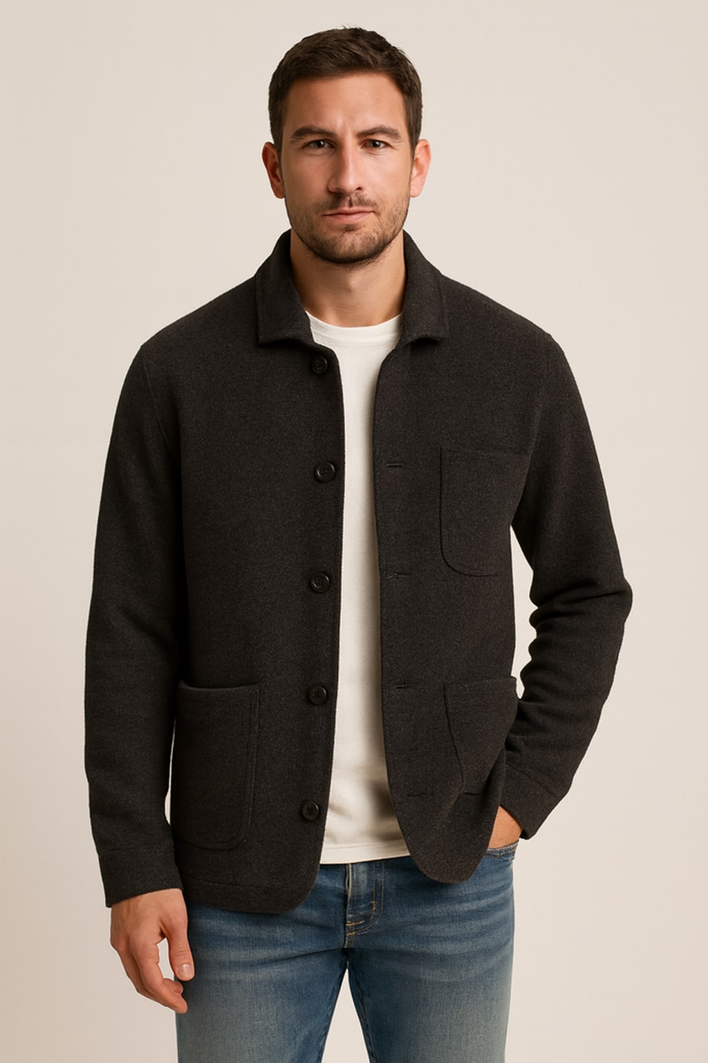 Men's Cardigan with Pockets in dark grey, stand collar knit, front view on a model