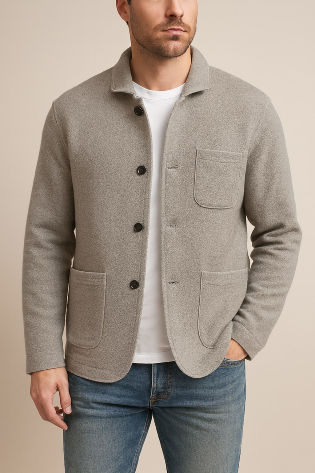 Men's Cardigan with Pockets in grey, stand collar knit, front view on a model