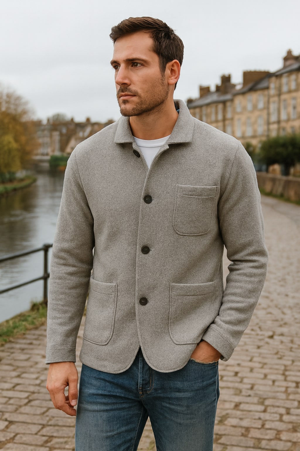 Man wearing the men's cardigan with pockets on an autumn street