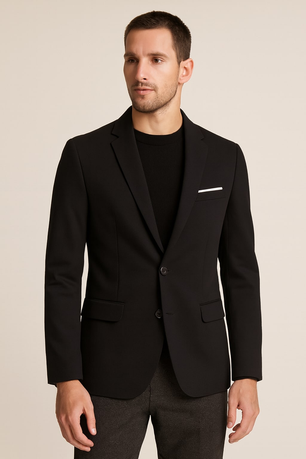 Men's Casual Blazer in black, single-breasted smart blazer, front view on a model