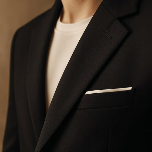 Close-up of the men's casual blazer showing the lapel and button