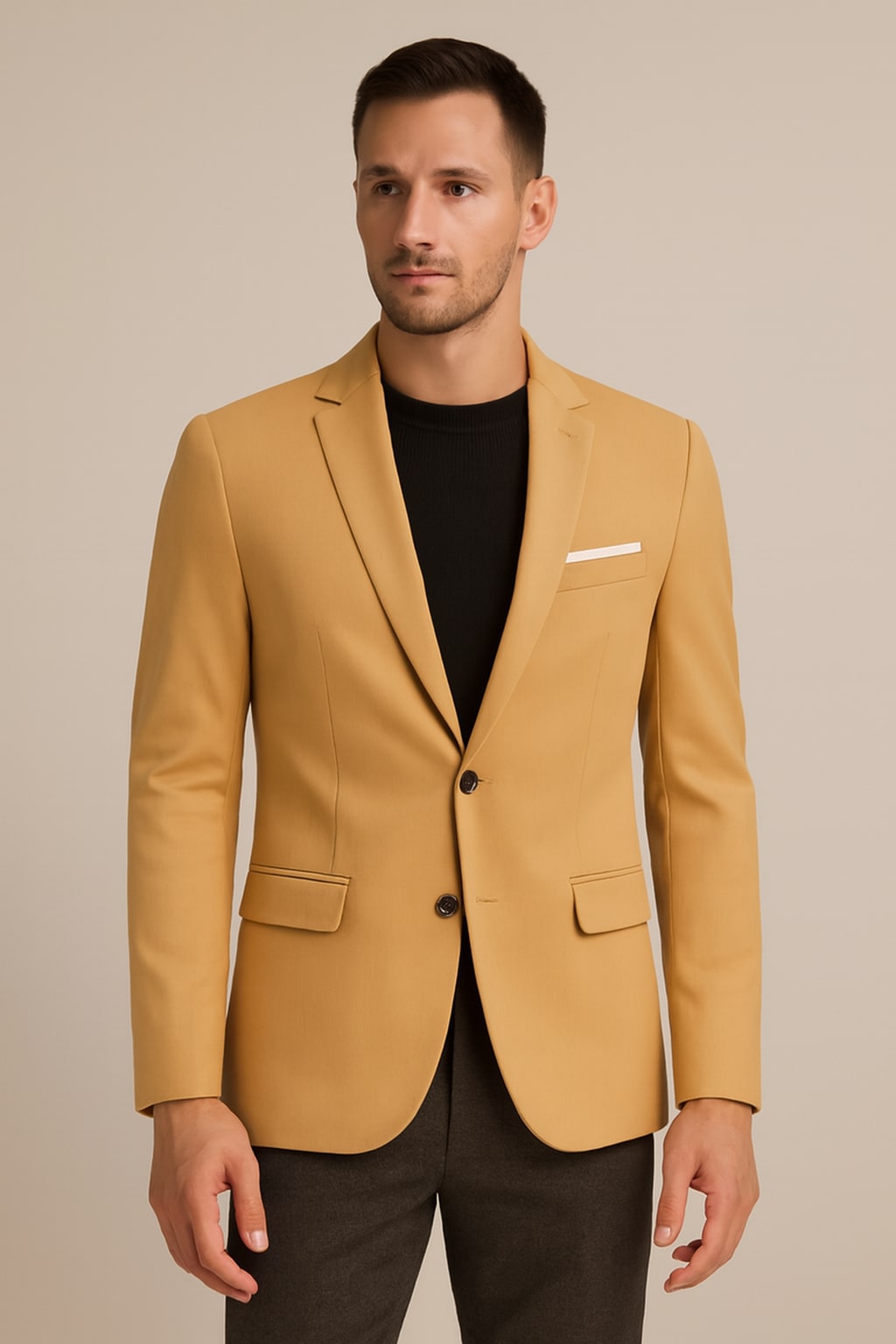 Men's Casual Blazer in khaki, single-breasted smart blazer, front view on a model