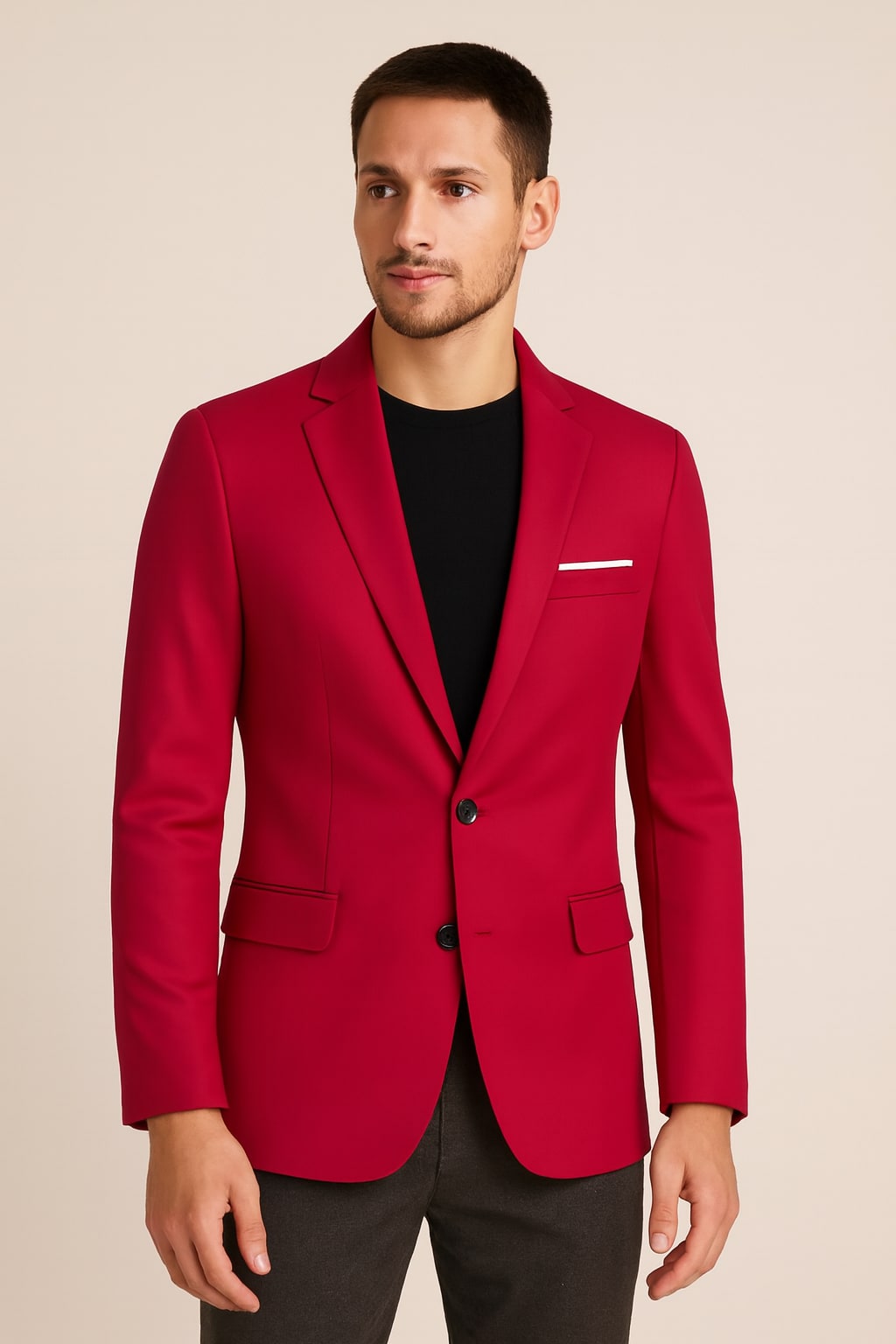 Men's Casual Blazer in red, single-breasted smart blazer, front view on a model