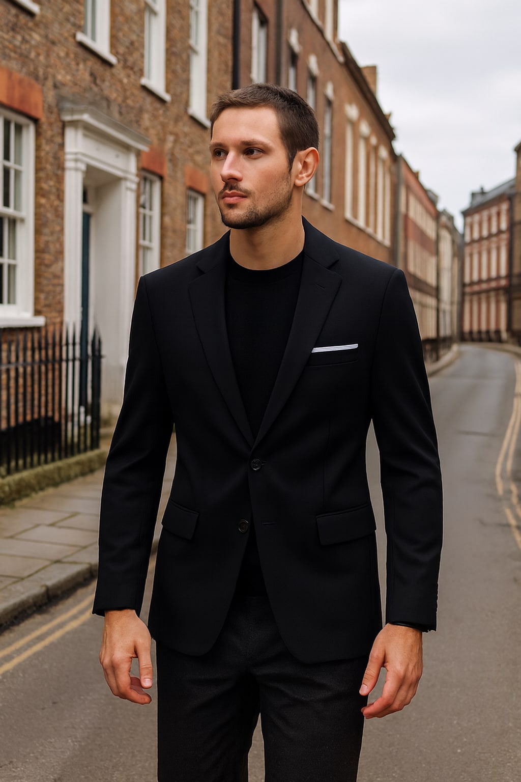 Man wearing the men's casual blazer on an autumn street