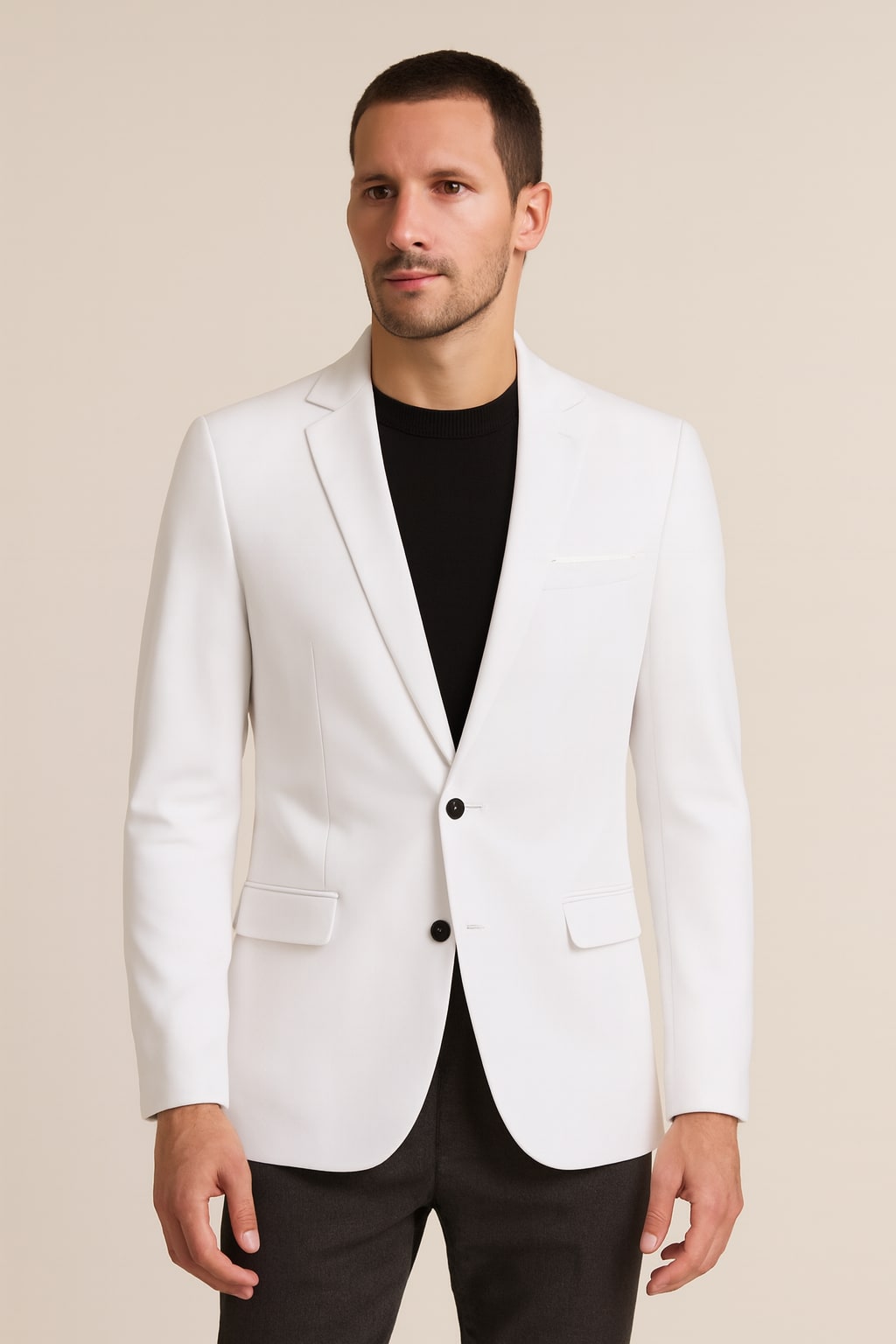Men's Casual Blazer in white, single-breasted smart blazer, front view on a model