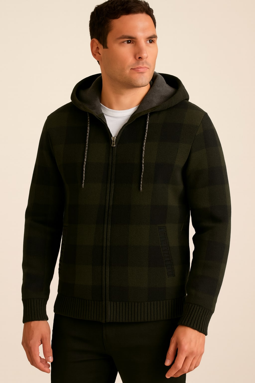 Men's Check Hooded Jacket in army green, zip-up lumberjack style, front view on a model