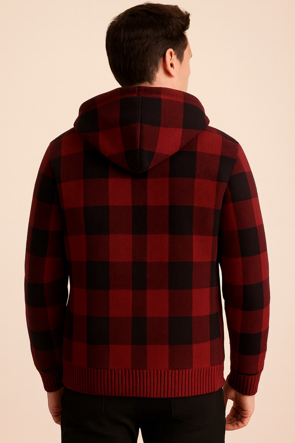 Back view of the men's check hooded jacket in red on a model