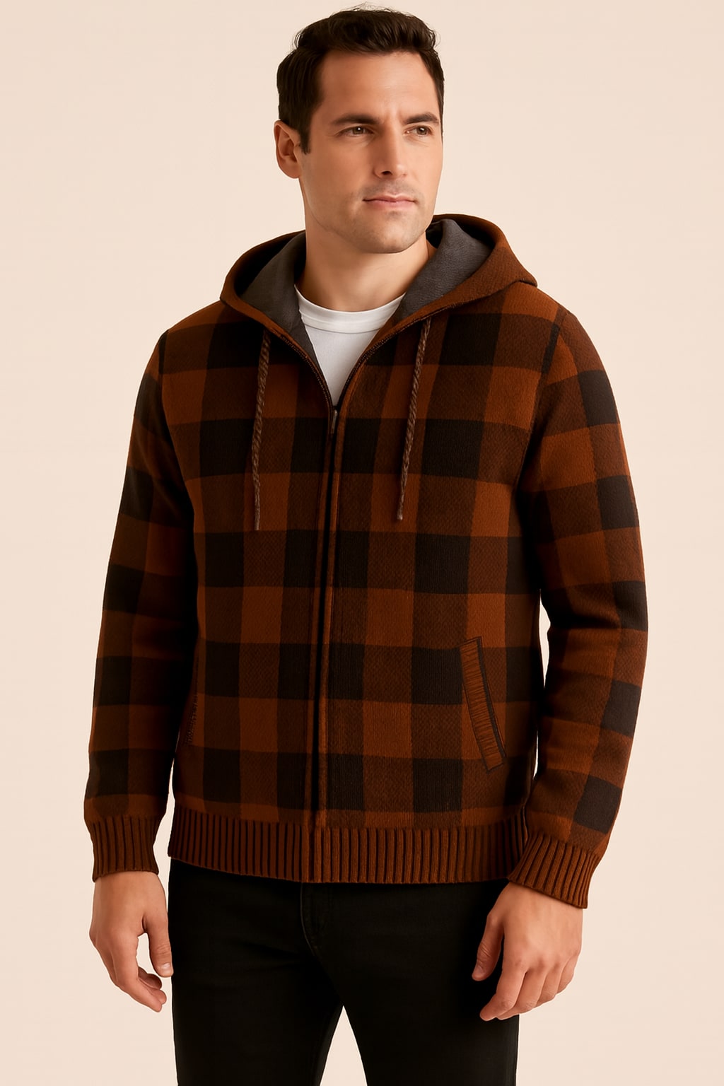 Men's Check Hooded Jacket in brown, zip-up lumberjack style, front view on a model