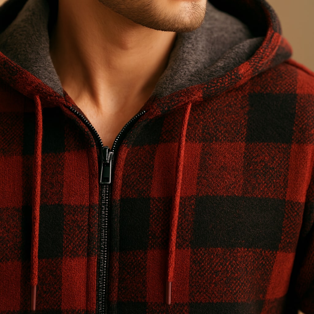 Close-up of the men's check hooded jacket showing the check knit and hood