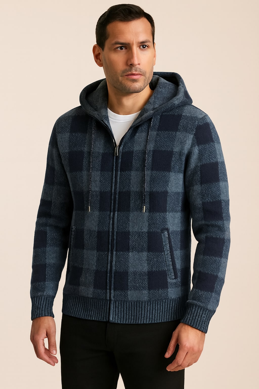 Men's Check Hooded Jacket in grey blue, zip-up lumberjack style, front view on a model